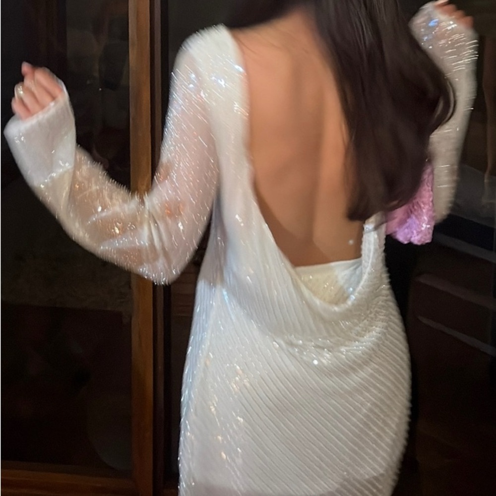 Sequin Long-Sleeve Mini Dress - White - Picture 4 of 7